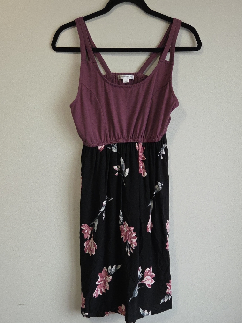 Warehouse One - Mauve & Black Floral Midi Dress with Double-Strap Tank Top
